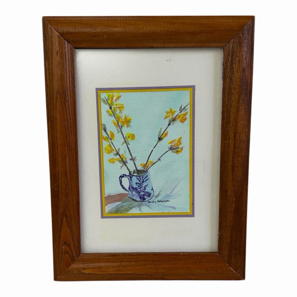 Original Cindy Peterson Signed Wood Frame Watercolor Painting Yellow Forthysia